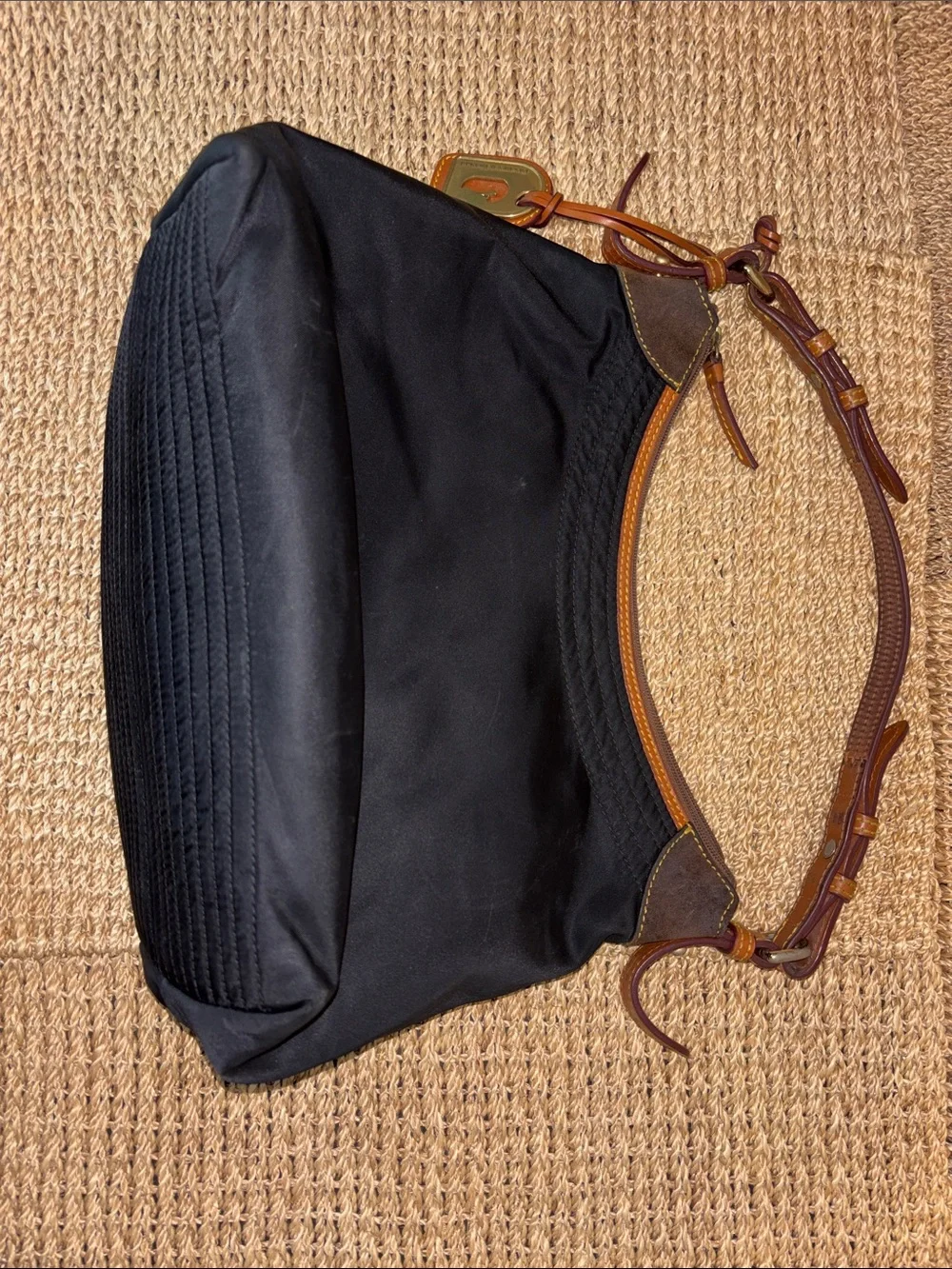 Y2K Dooney & Bourke Black Nylon Shoulder Bag w Tan Leather Trim and Brown Suede - Picture 5 of 11